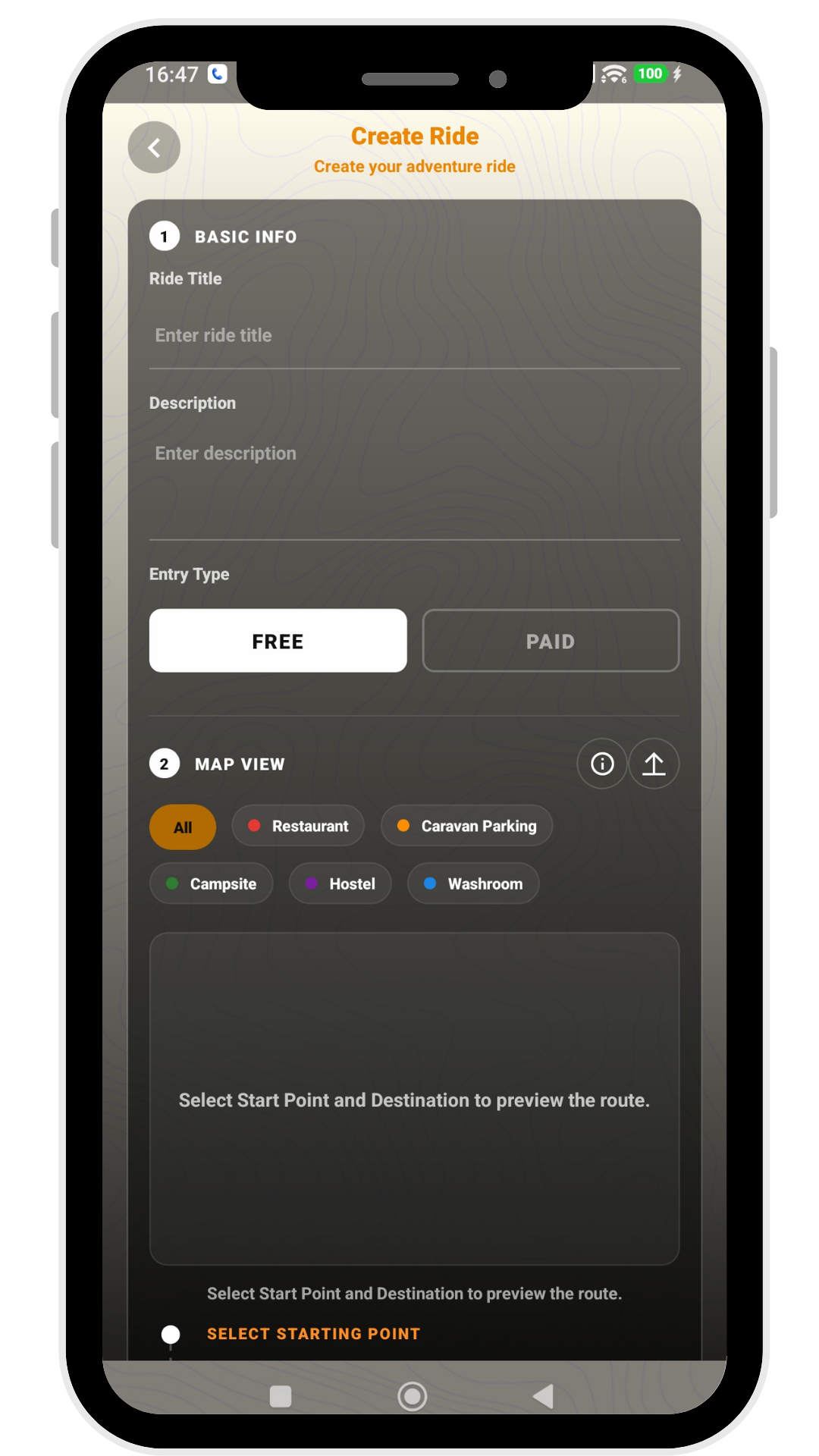 Rydora app — choosing an Entry Type when creating a ride