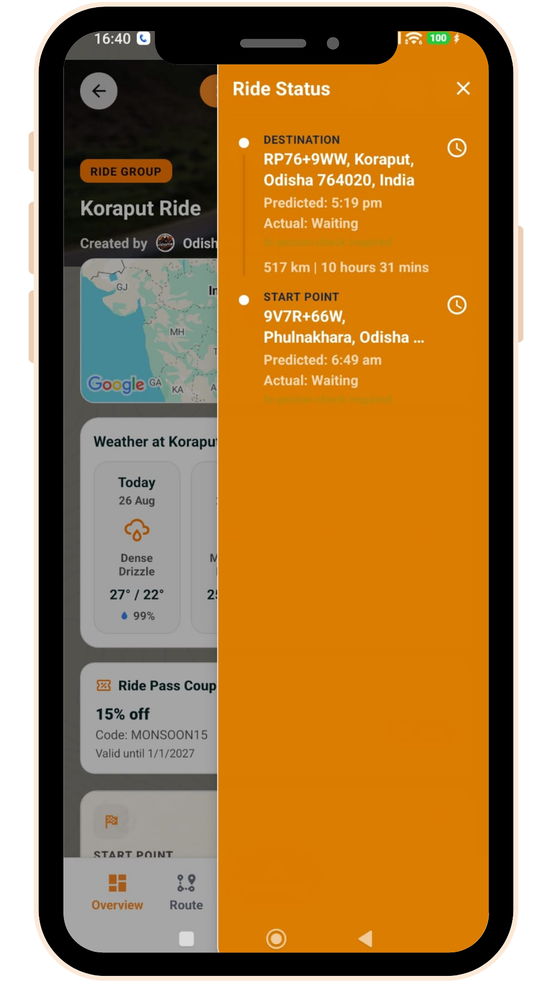 Rydora app — labeled Ride Status panel showing check-in points