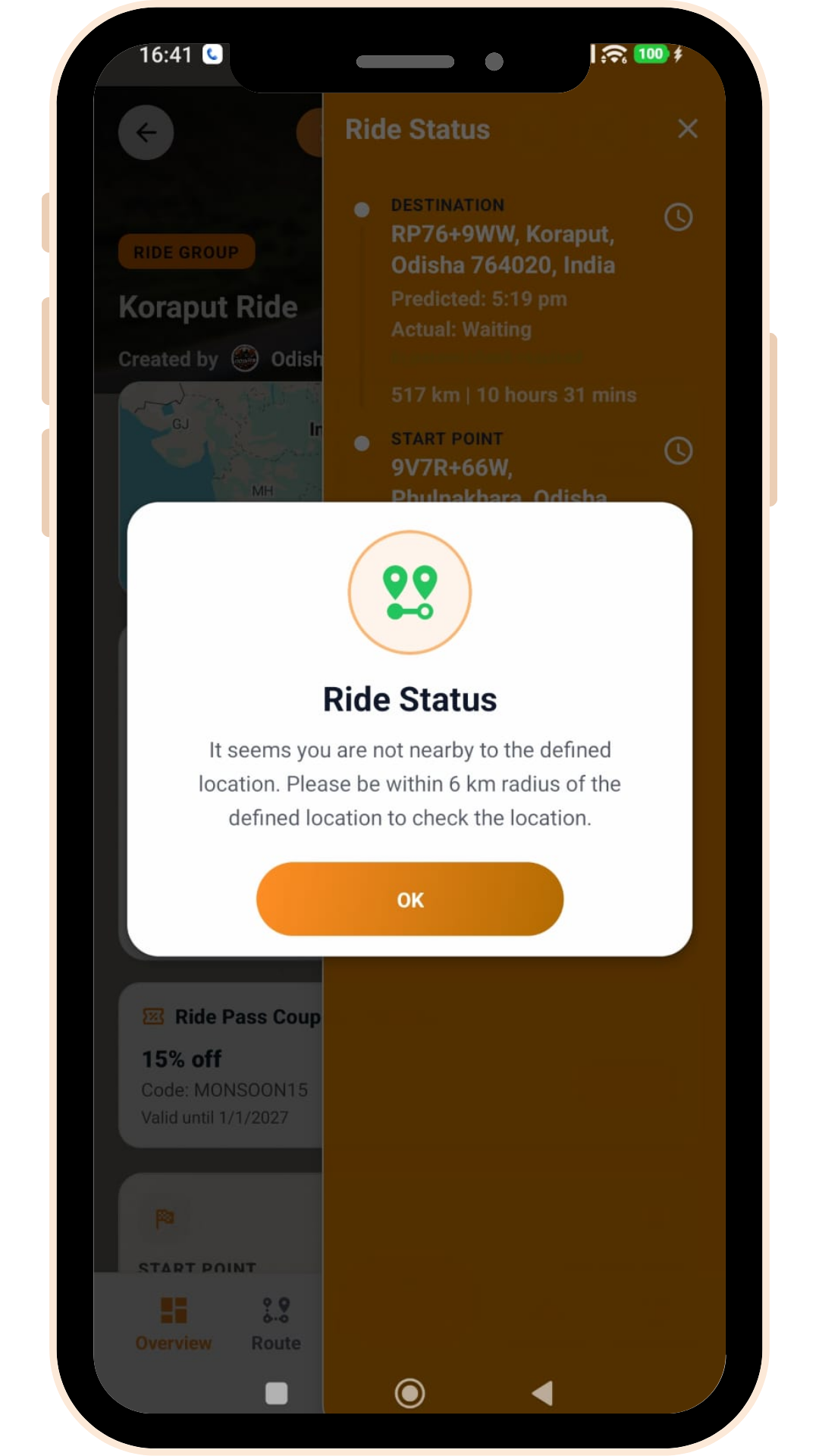 Rydora app — check-in blocked until you're within 6 km