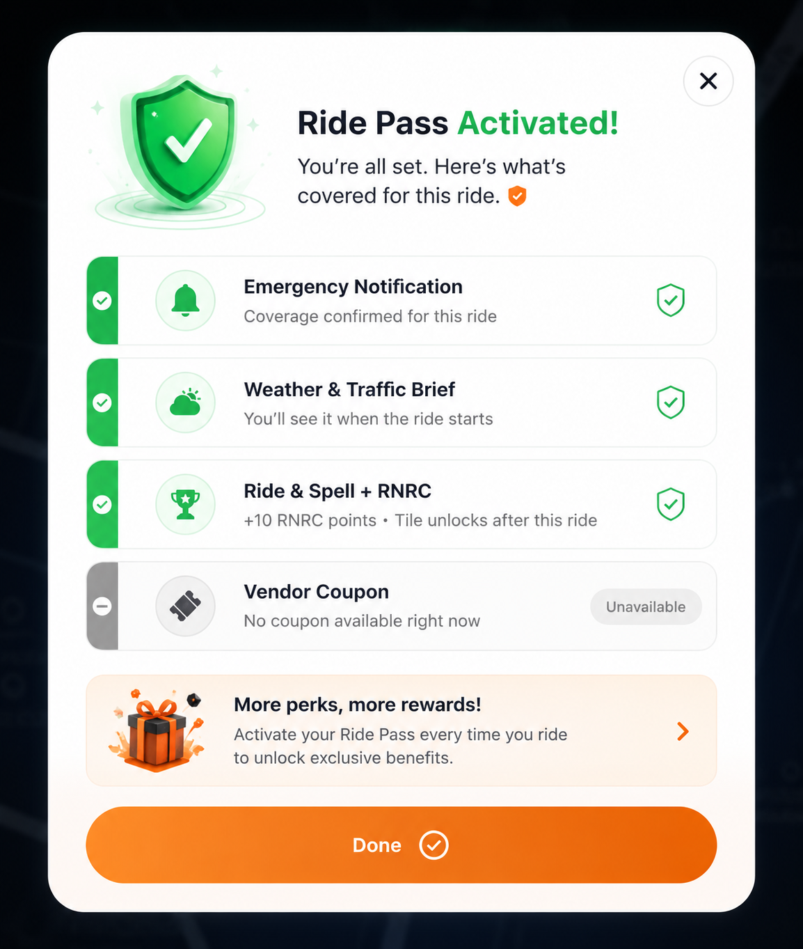 Rydora app — Ride Pass Activated checklist